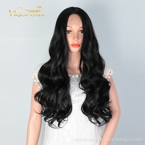 Vigorous New Fashion Cheap For Women Long Black Water Wave Fiber Heat Resistant Afro Curly Synthetic Lace Front Wig